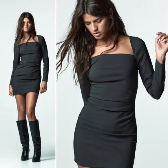 NWT Zara Gray Rushed Square Neck Mini Dress - Blogger Fav - Picture 1 of 4